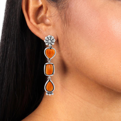 Sterling Silver Orange Spiny Oyster Gemstone Heart, Rectangle and Pear Concha Post Dangle Earrings 