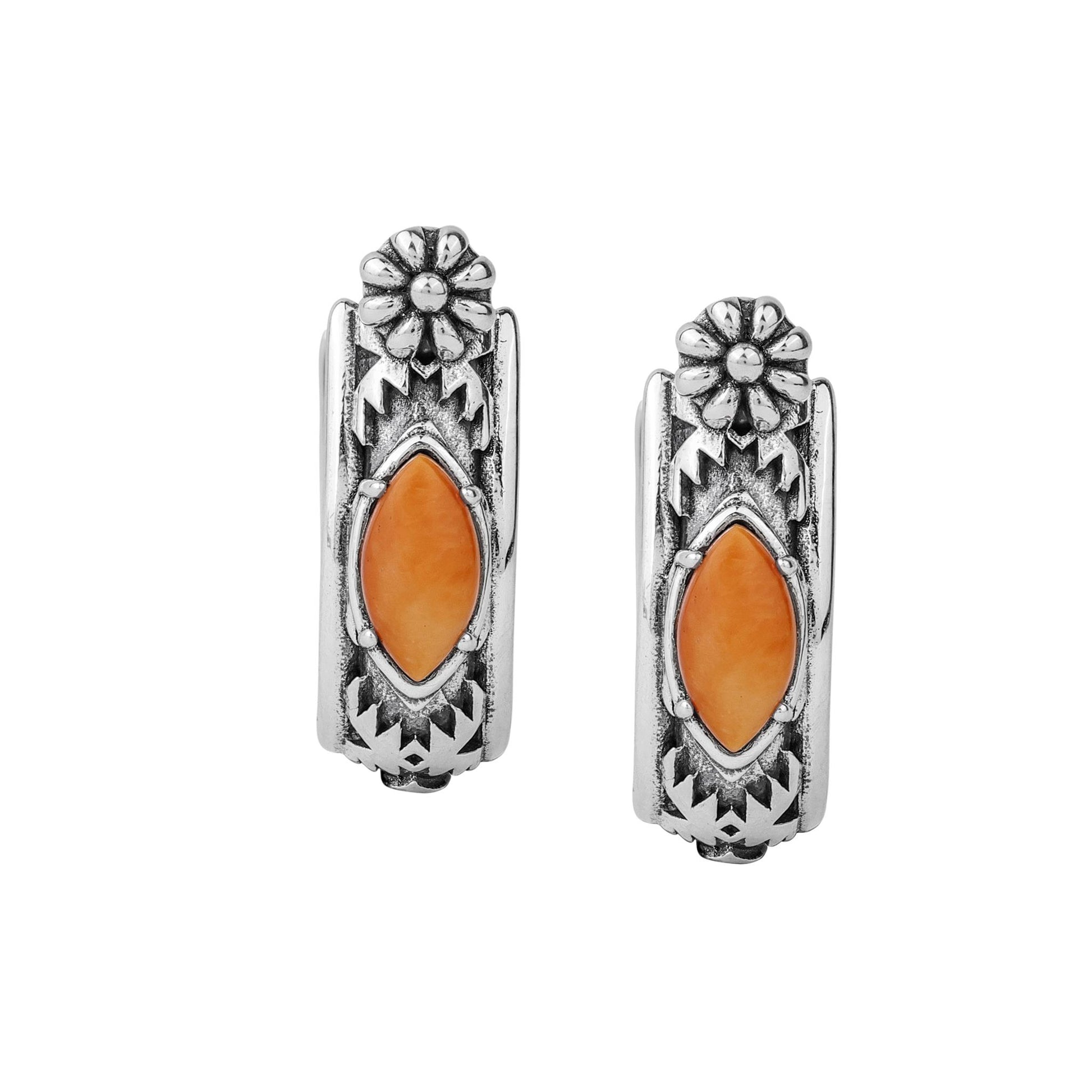 Sterling Silver Orange Spiny Oyster Marquise Cut Huggie Hoop Earrings 