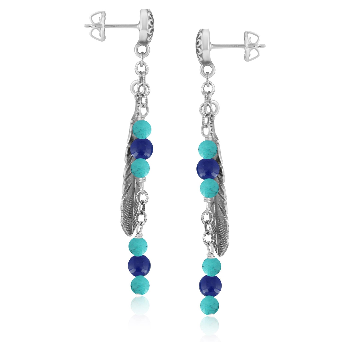 EXCLUSIVELY OURS! Sterling Silver Lapis and Kingman Turquoise Feather Design Dangle Earrings