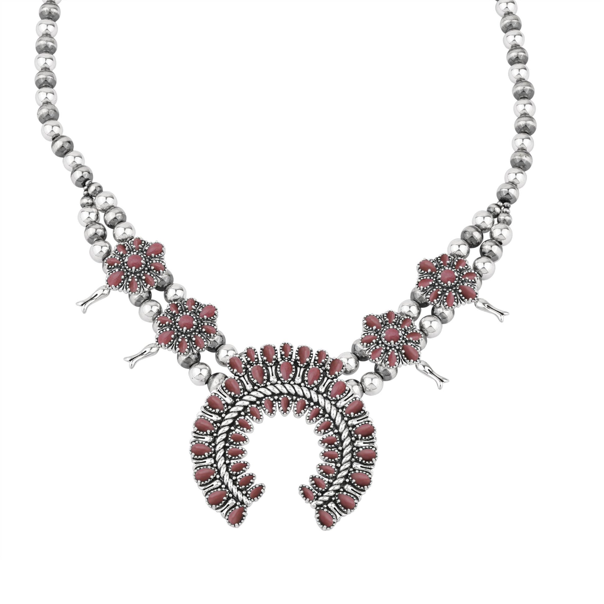 Sterling Silver Rhodonite Petit Point Naja Squash Blossom Necklace