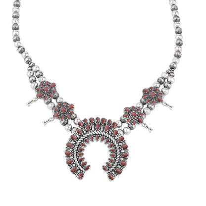 Sterling Silver Rhodonite Petit Point Naja Squash Blossom Necklace
