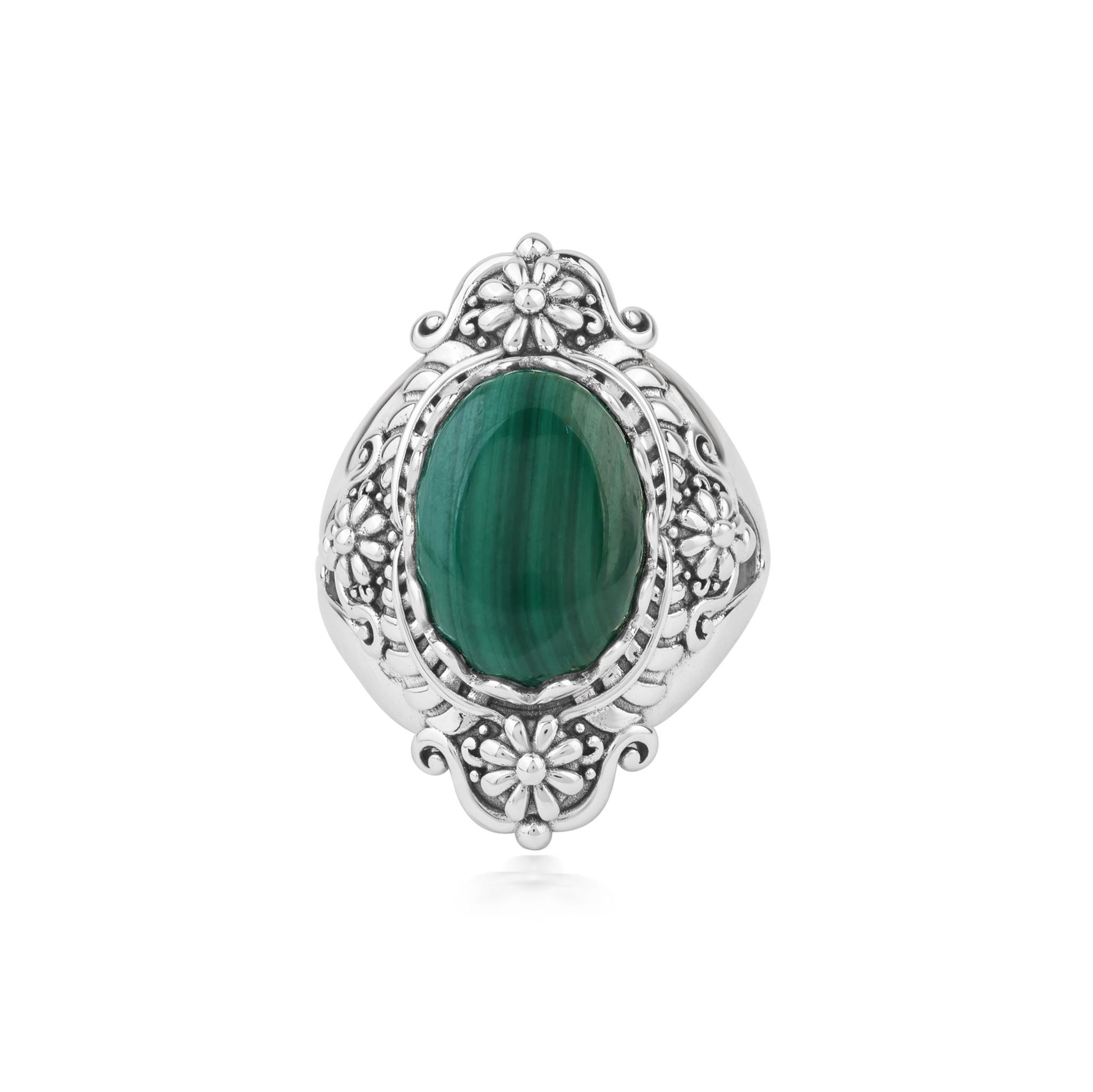  Sterling Silver Malachite Oval Scalloped Concha Ring