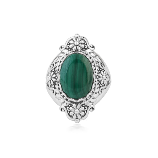  Sterling Silver Malachite Oval Scalloped Concha Ring