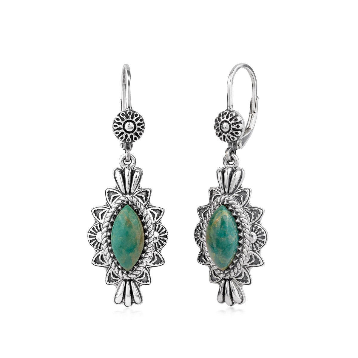 Sterling Silver Green Turquoise Marquise Cut Lever Back Earrings