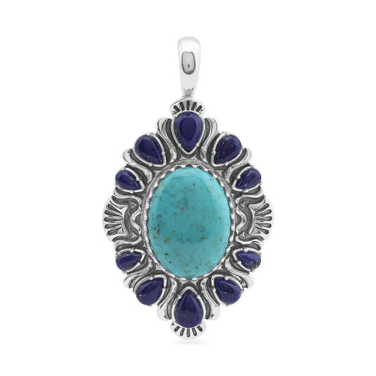 Sterling Silver Kingman Turquoise and Lapis Oval and Pear-Cut Cluster Pendant Enhancer