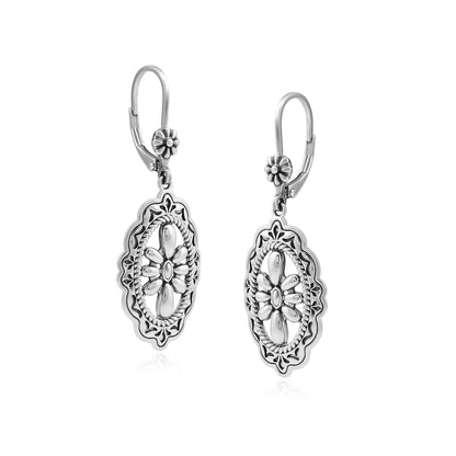 Sterling Silver Oval and Concha Lever Back Earrings