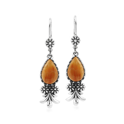 Sterling Silver Orange Spiny Oyster Teardrop Concha Squash Blossom Dangle Earrings