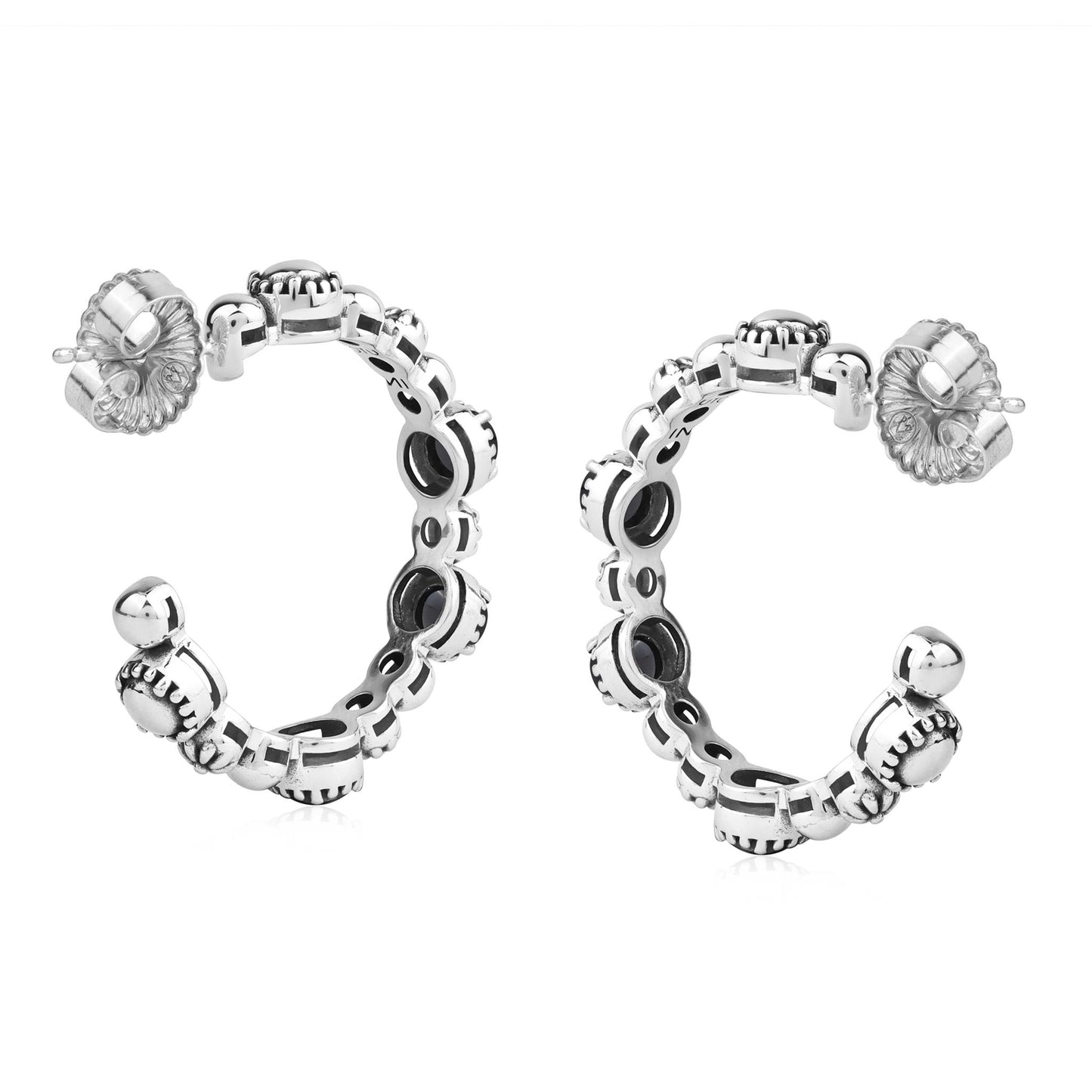 Sterling Silver Black Agate 1 Inch Concha Hoop Earrings 