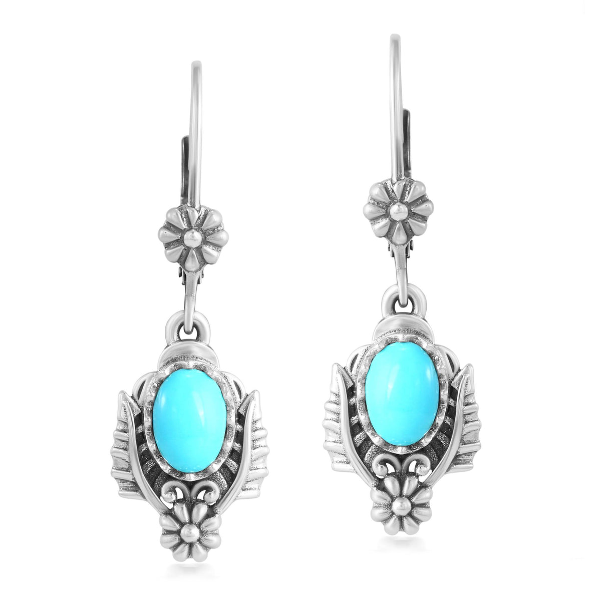 Sterling Silver Sleeping Beauty Turquoise Oval Concha and Leaf Dangle Earrings
