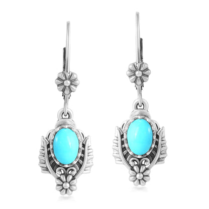 Sterling Silver Sleeping Beauty Turquoise Oval Concha and Leaf Dangle Earrings