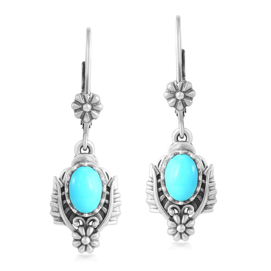 Sterling Silver Sleeping Beauty Turquoise Oval Concha and Leaf Dangle Earrings