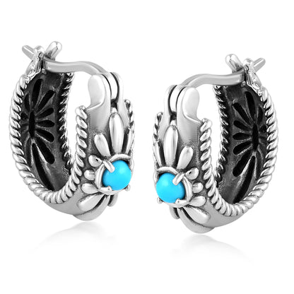 EXCLUSIVELY OURS! Sterling Silver Sleeping Beauty Turquoise Rope and Flower Design Hoop Earrings