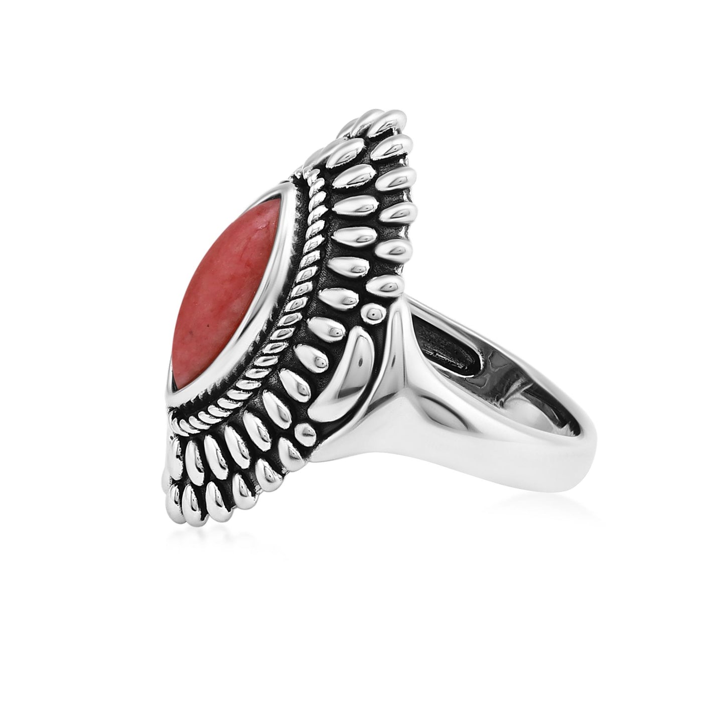 Sterling Silver Rhodonite Marquise Cut Rope and Bead Ring
