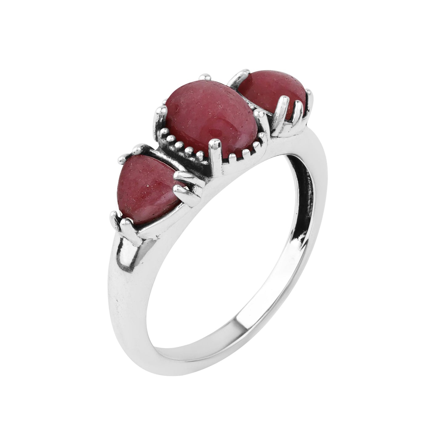  Sterling Silver Rhodonite Oval and Trillion 3-Stone Ring