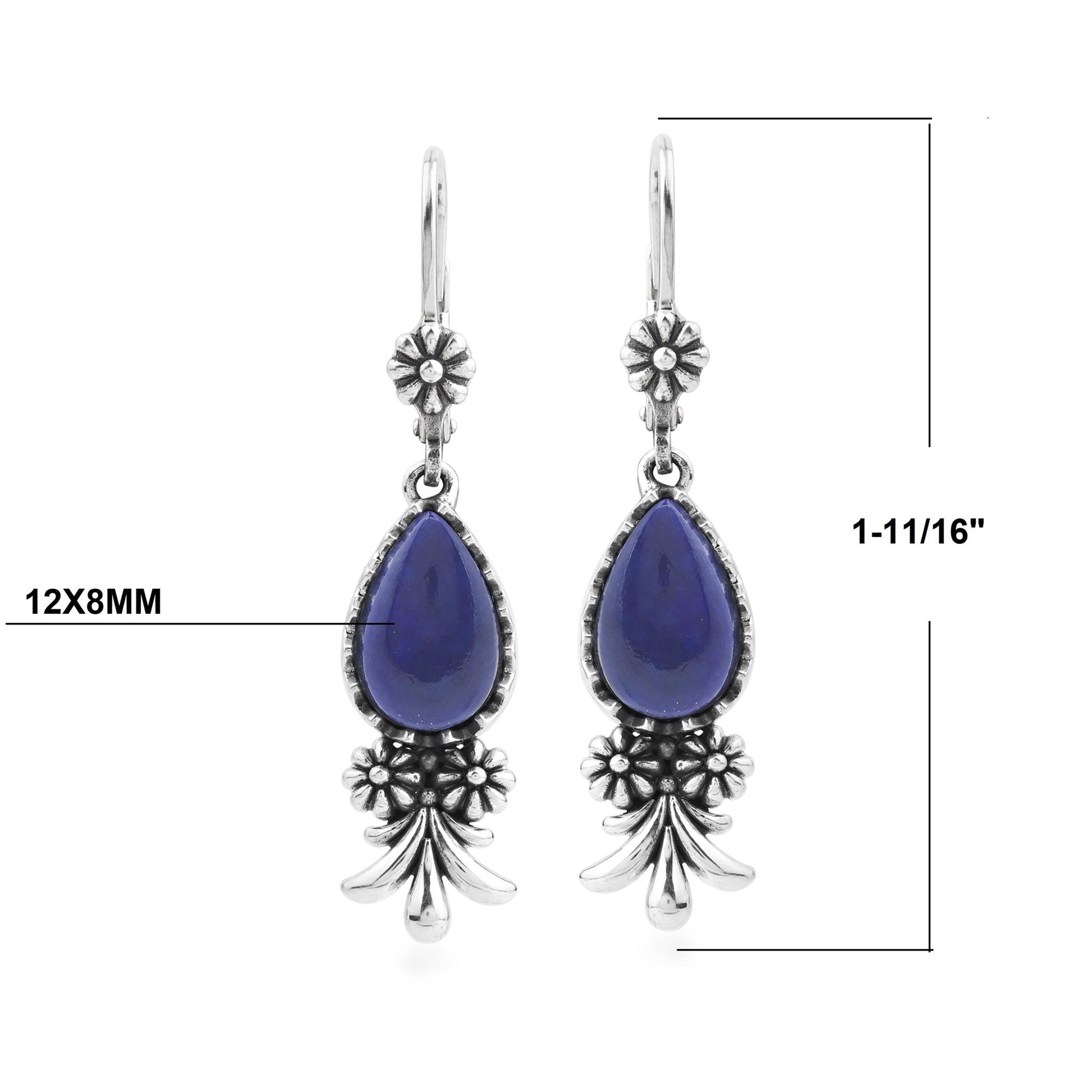 Sterling Silver Lapis Teardrop Concha Squash Blossom Dangle Earrings