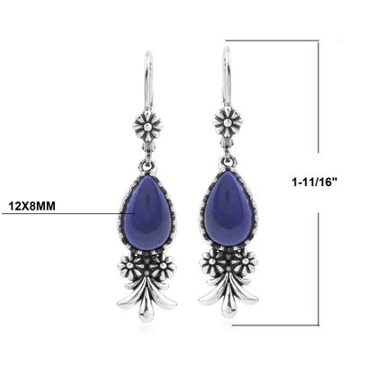 Sterling Silver Lapis Teardrop Concha Squash Blossom Dangle Earrings