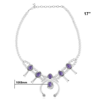 EXCLUSIVELY OURS! Sterling Silver Charoite Squash Blossom Necklace 17 to 20 Inches