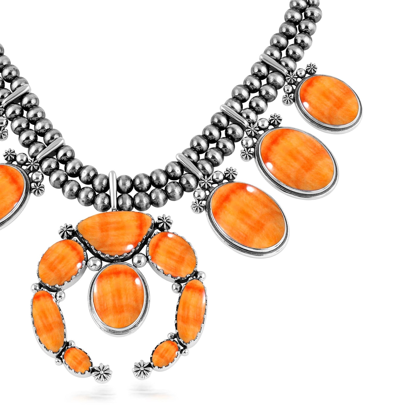 Sterling Silver Orange Spiny Oyster Naja Squash Blossom Statement Necklace