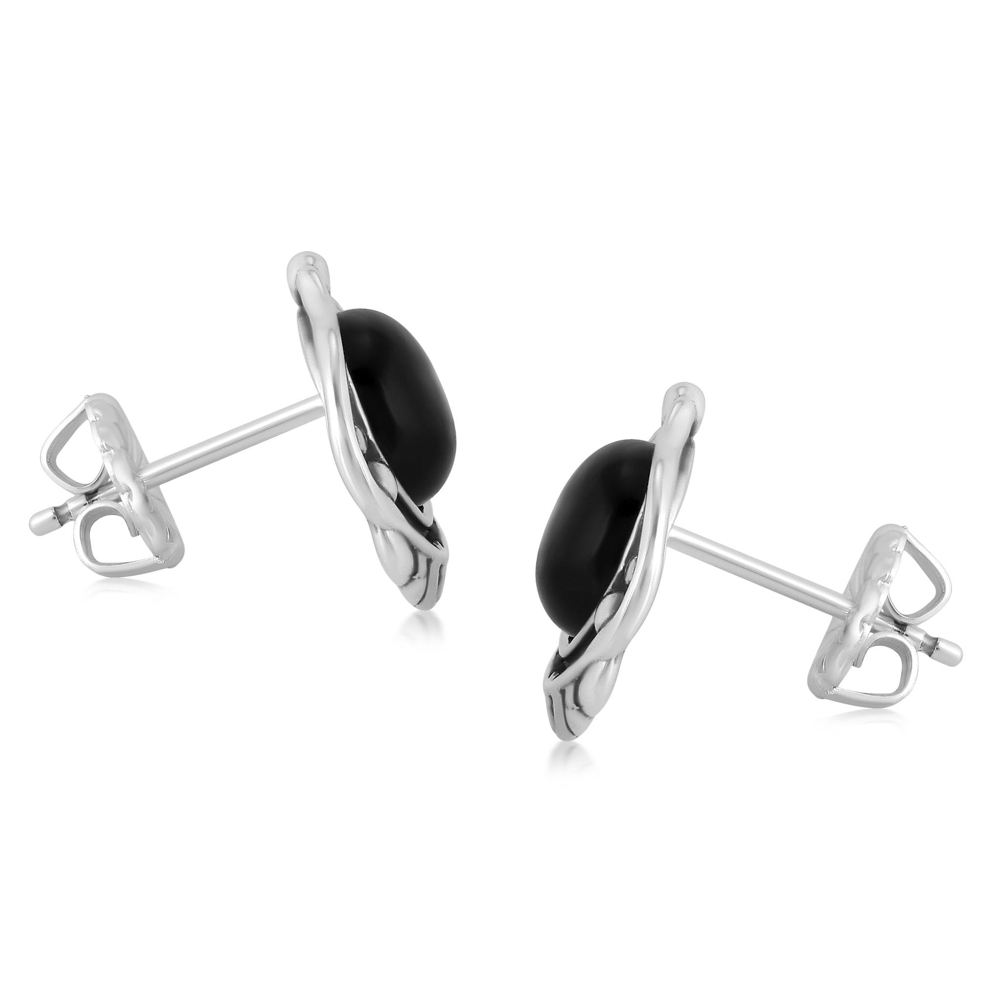 Sterling Silver Black Onyx Leaf Design Button Earrings