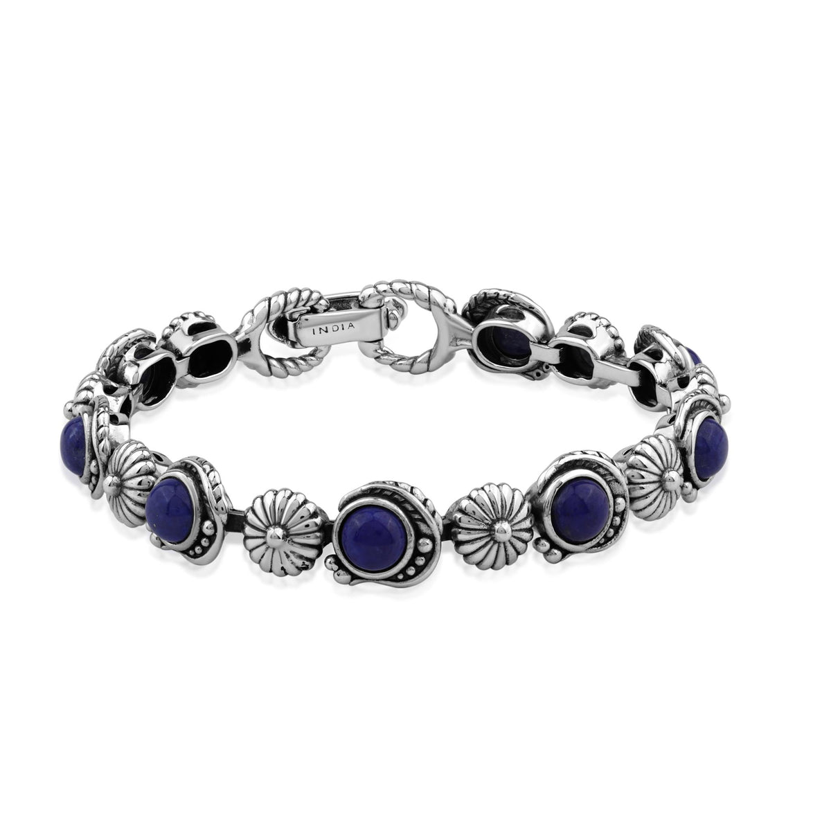 Sterling Silver Lapis Leaf and Concha Gemstone Link Bracelet, Sizes Small to Large