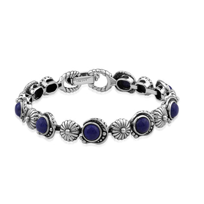 Sterling Silver Lapis Leaf and Concha Gemstone Link Bracelet, Sizes Small to Large
