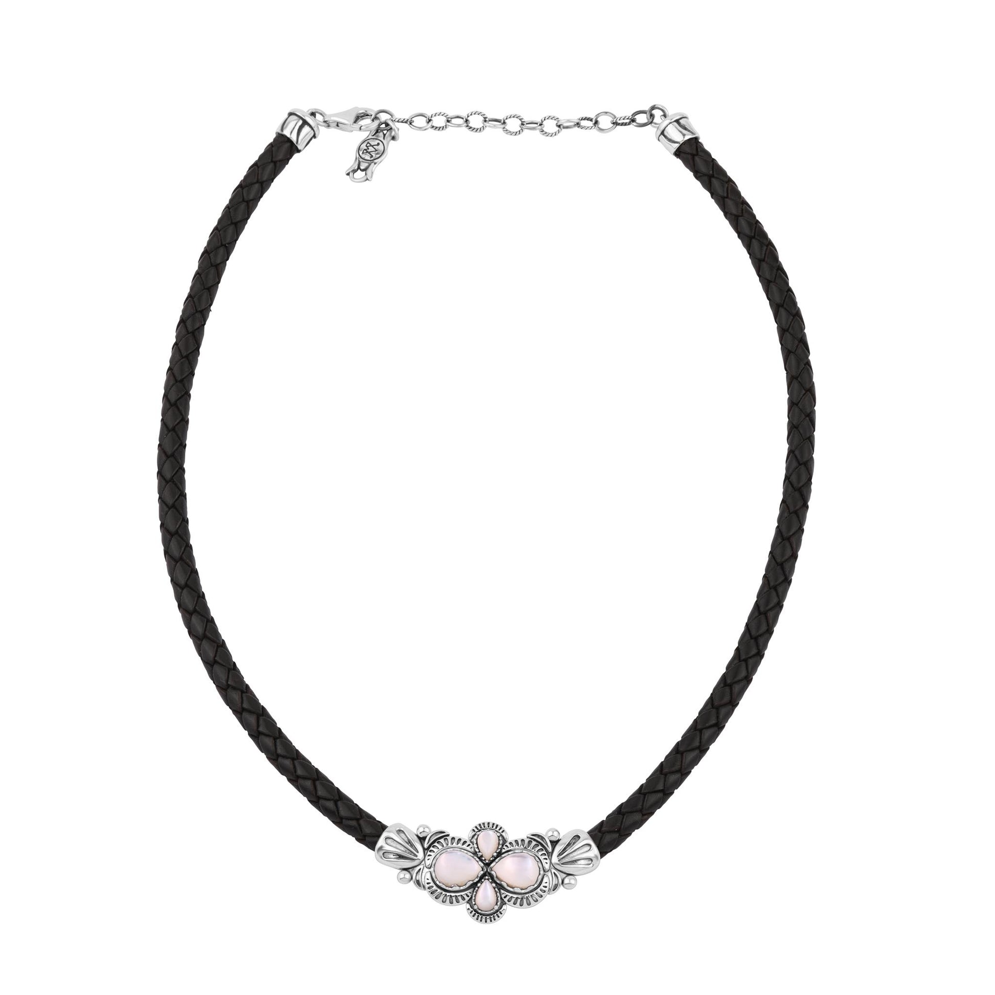  Sterling Silver White Mother of Pearl Pear Cluster Black Leather Necklace 