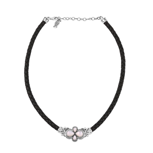  Sterling Silver White Mother of Pearl Pear Cluster Black Leather Necklace 