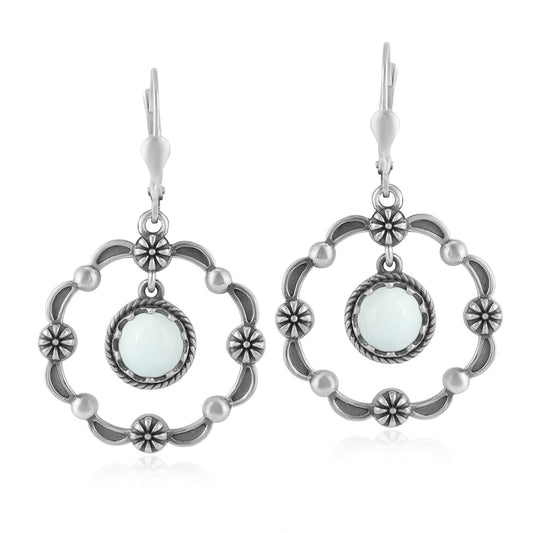 Sterling Silver White Agate Circle Concha Lever Back Earrings