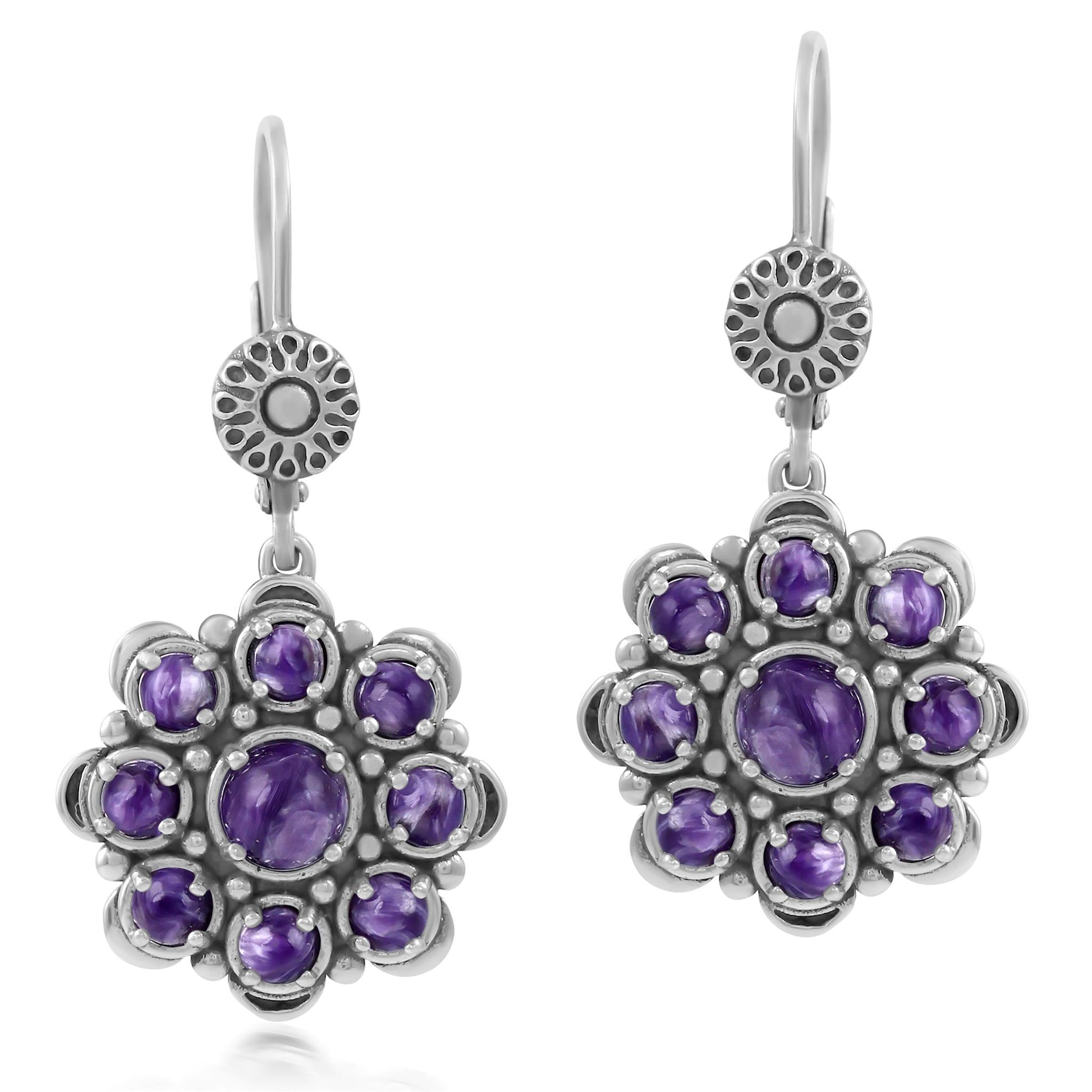 Sterling Silver Charoite Flower Cluster Earrings
