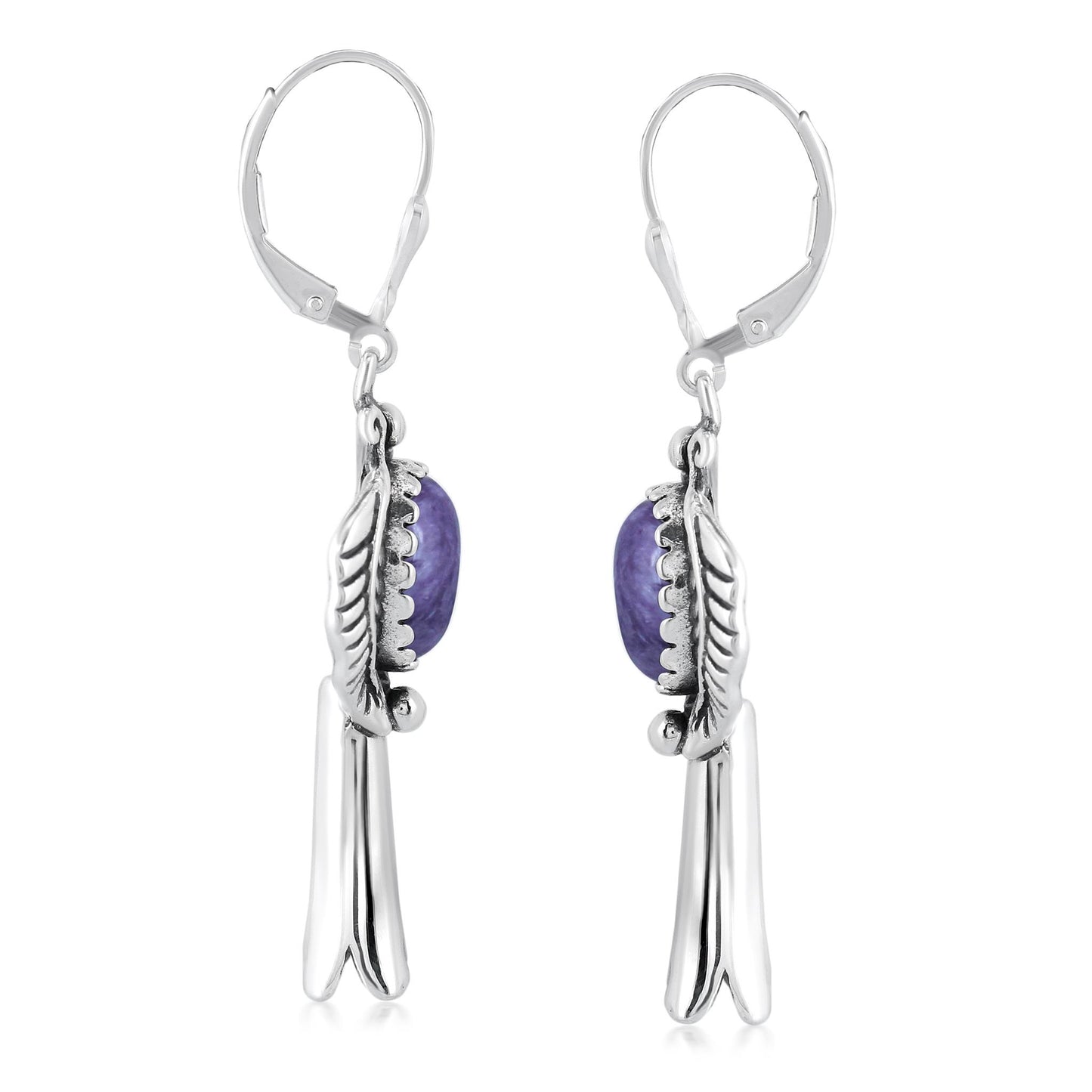 EXCLUSIVELY OURS! Sterling Silver Charoite Leaf and Squash Blossom Design Dangle Earrings