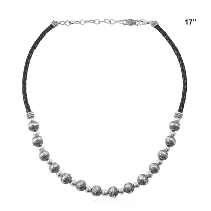 Sterling Silver Black Leather Native Pearl Beaded Necklace