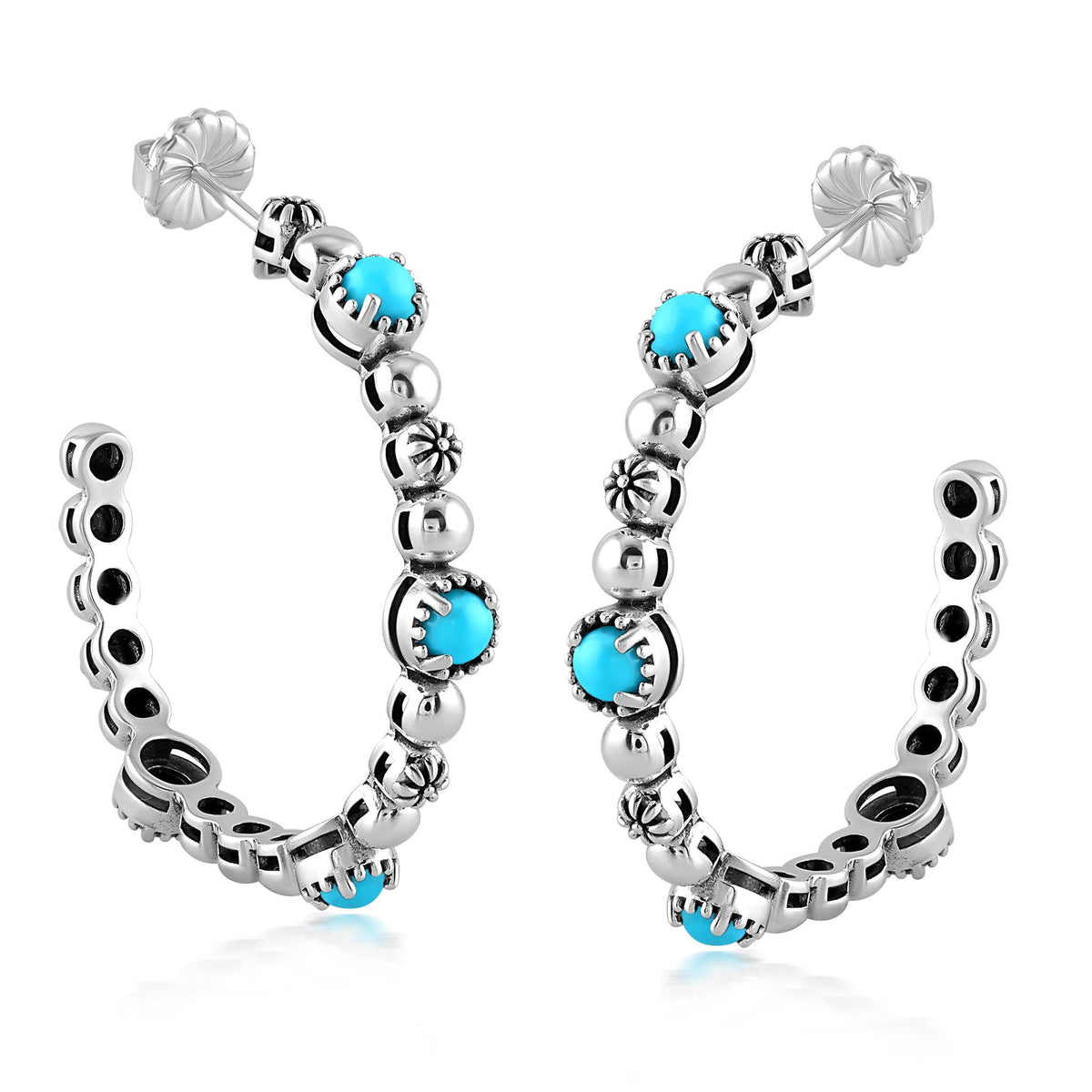 Sterling Silver Sleeping Beauty Turquoise Concha Crescent 1.5 Inch Hoop Earrings