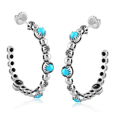Sterling Silver Sleeping Beauty Turquoise Concha Crescent 1.5 Inch Hoop Earrings