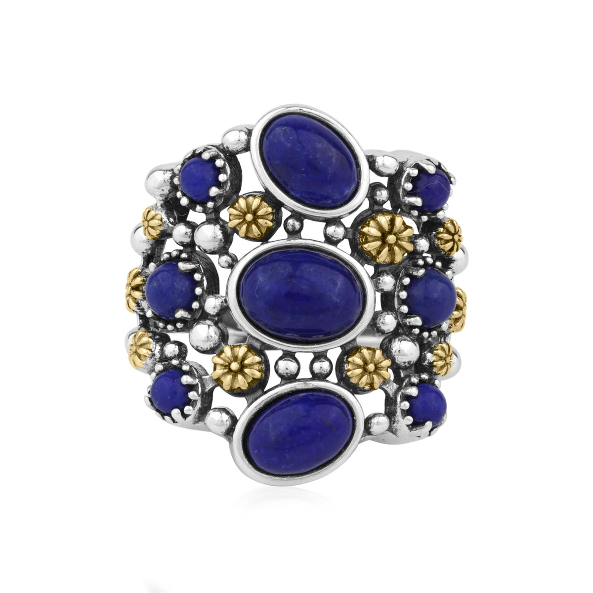 Sterling Silver Lapis Two-Tone 9 Gemstone Concha Ring, Sizes 5 to 10