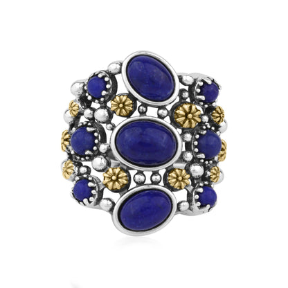 Sterling Silver Lapis Two-Tone 9 Gemstone Concha Ring, Sizes 5 to 10