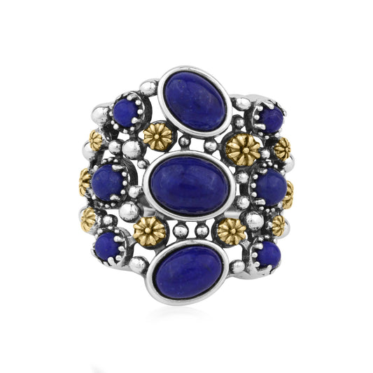 Sterling Silver Lapis Two-Tone 9 Gemstone Concha Ring, Sizes 5 to 10