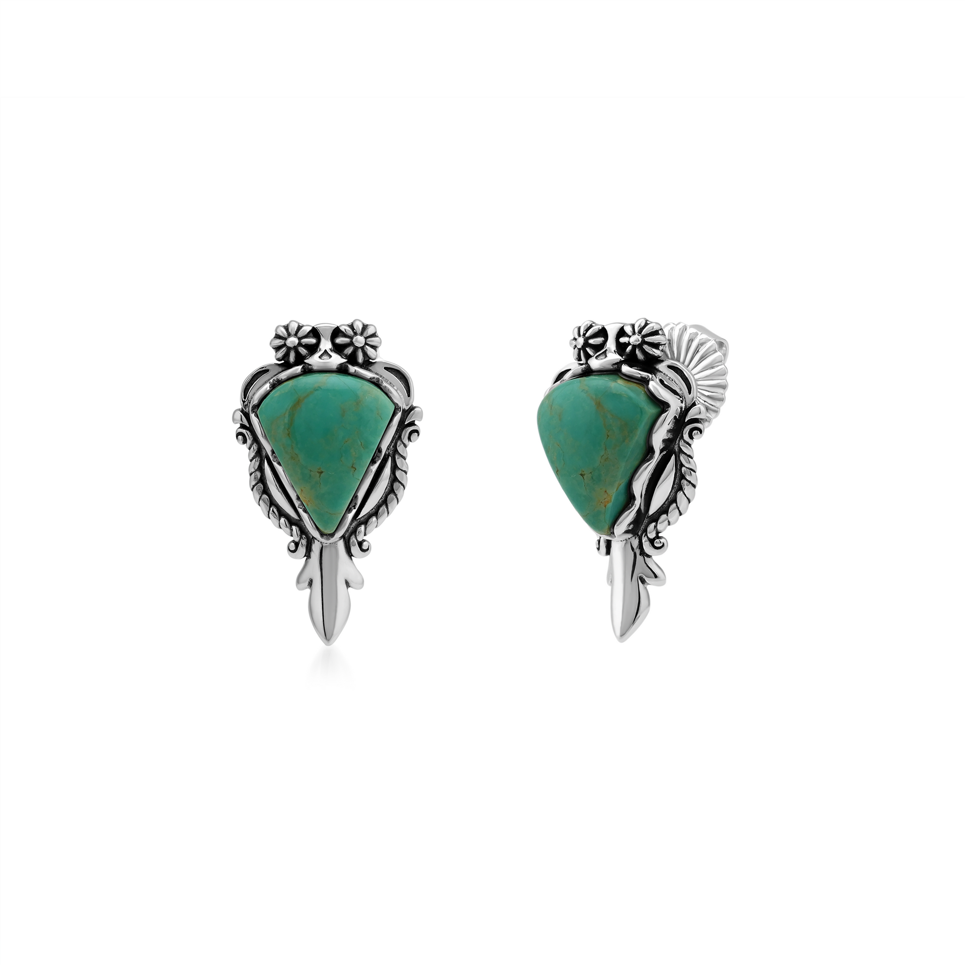 Sterling Silver Green Turquoise Pear Gemstone Squash Blossom Earrings 