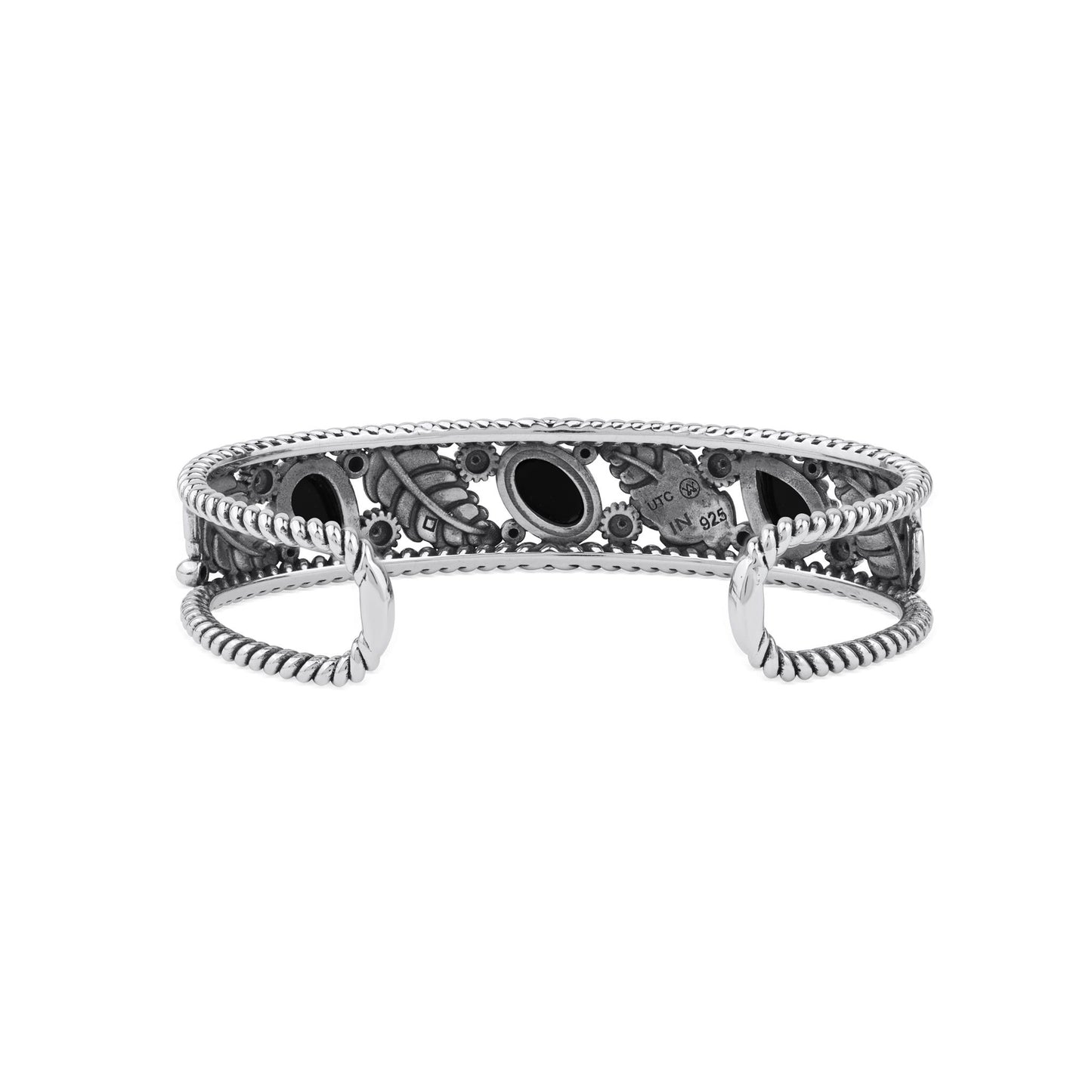  Sterling Silver Black Onyx Oval and Pear Leaf Cuff Bracelet