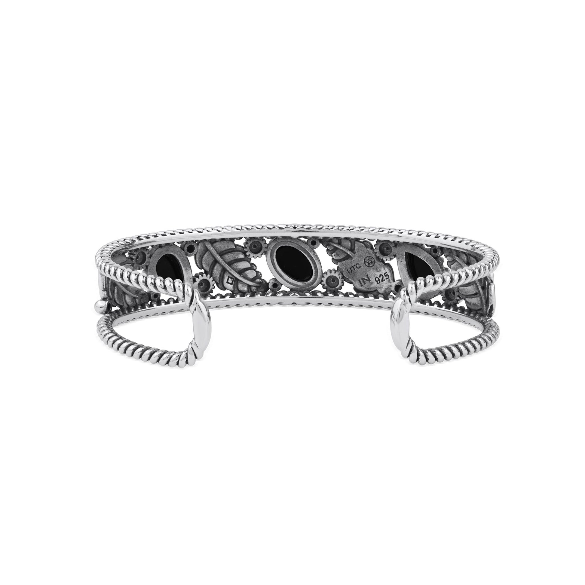  Sterling Silver Black Onyx Oval and Pear Leaf Cuff Bracelet