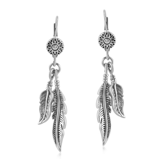 Sterling Silver Double Feather Lever Back Earrings