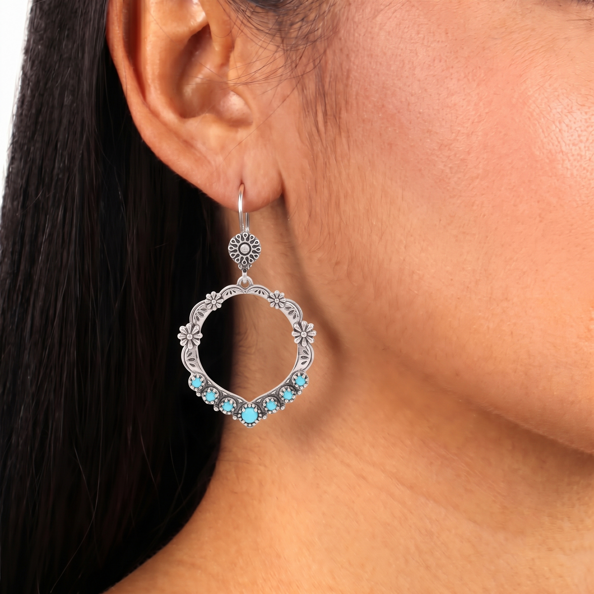 Sterling Silver Sleeping Beauty Turquoise Open Hoop Concha Lever Back Earrings