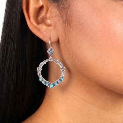 Sterling Silver Sleeping Beauty Turquoise Open Hoop Concha Lever Back Earrings