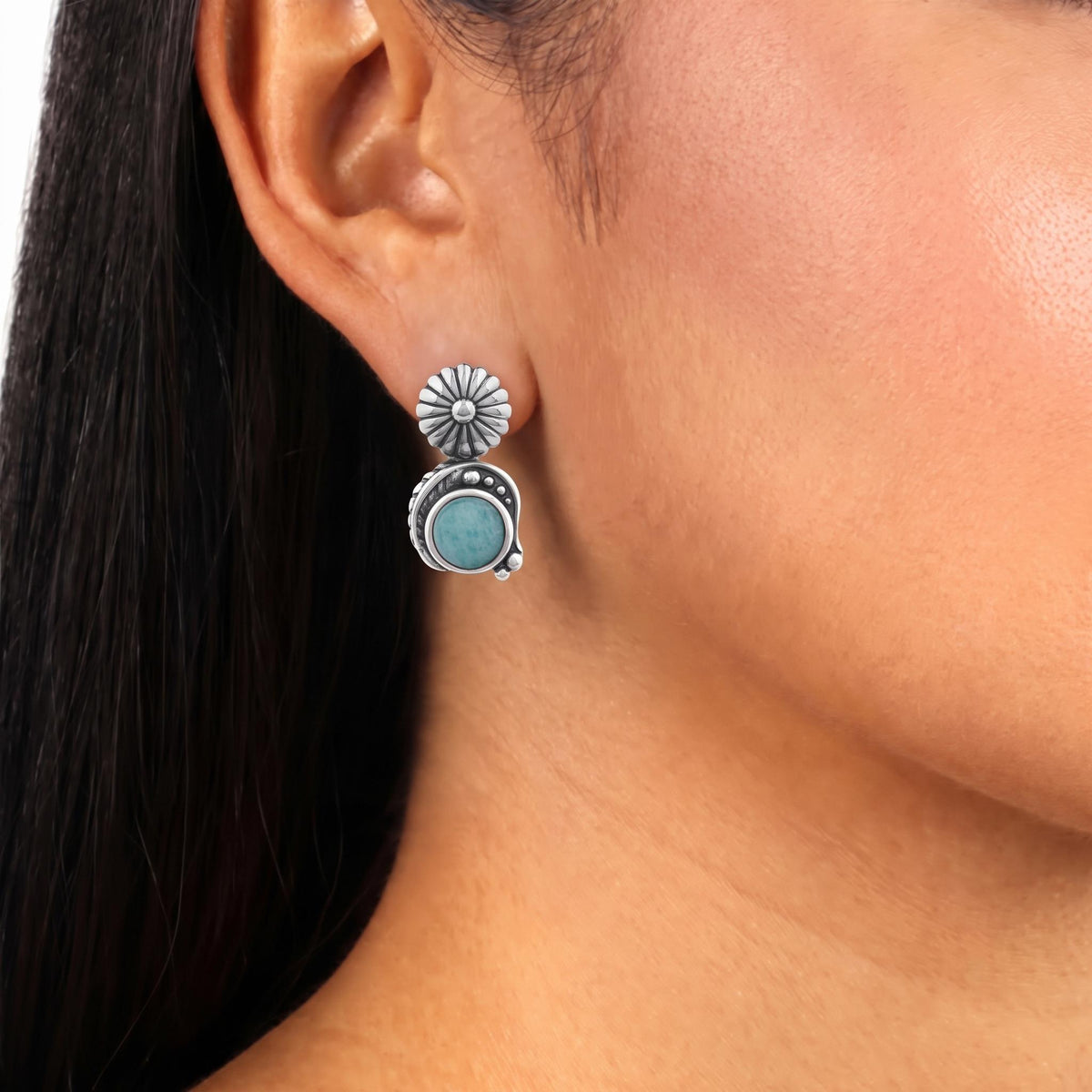 Sterling Silver Amazonite Leaf and Concha Gemstone Post Earrings