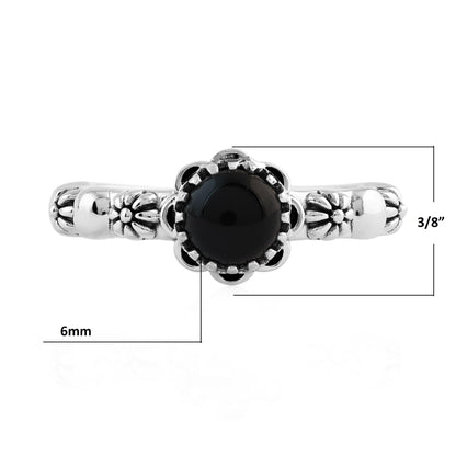  Sterling Silver Black Onyx Single Row Concha Flower Ring