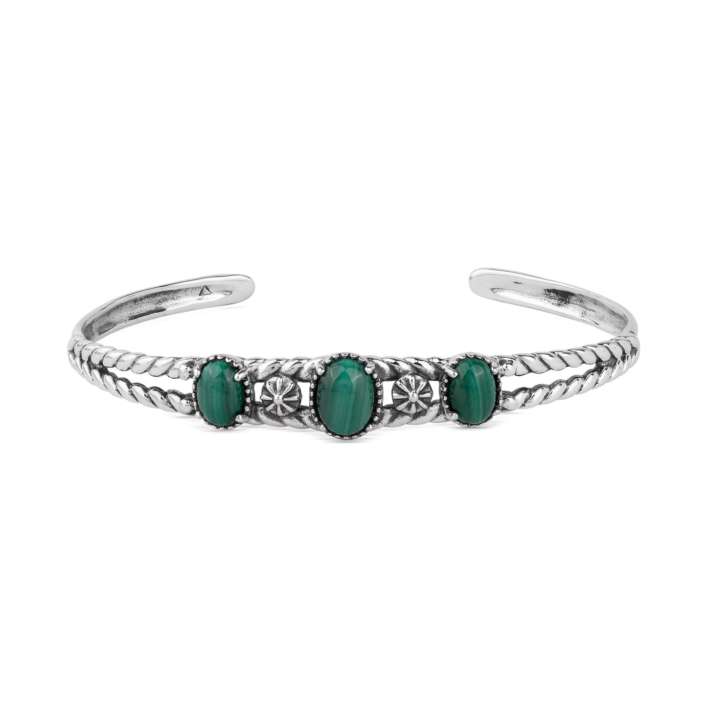 EXCLUSIVELY OURS! Sterling Silver Malachite Oval Rope Friendship Cuff Bracelet, Sizes Small to Large