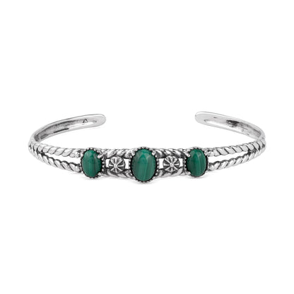 EXCLUSIVELY OURS! Sterling Silver Malachite Oval Rope Friendship Cuff Bracelet, Sizes Small to Large