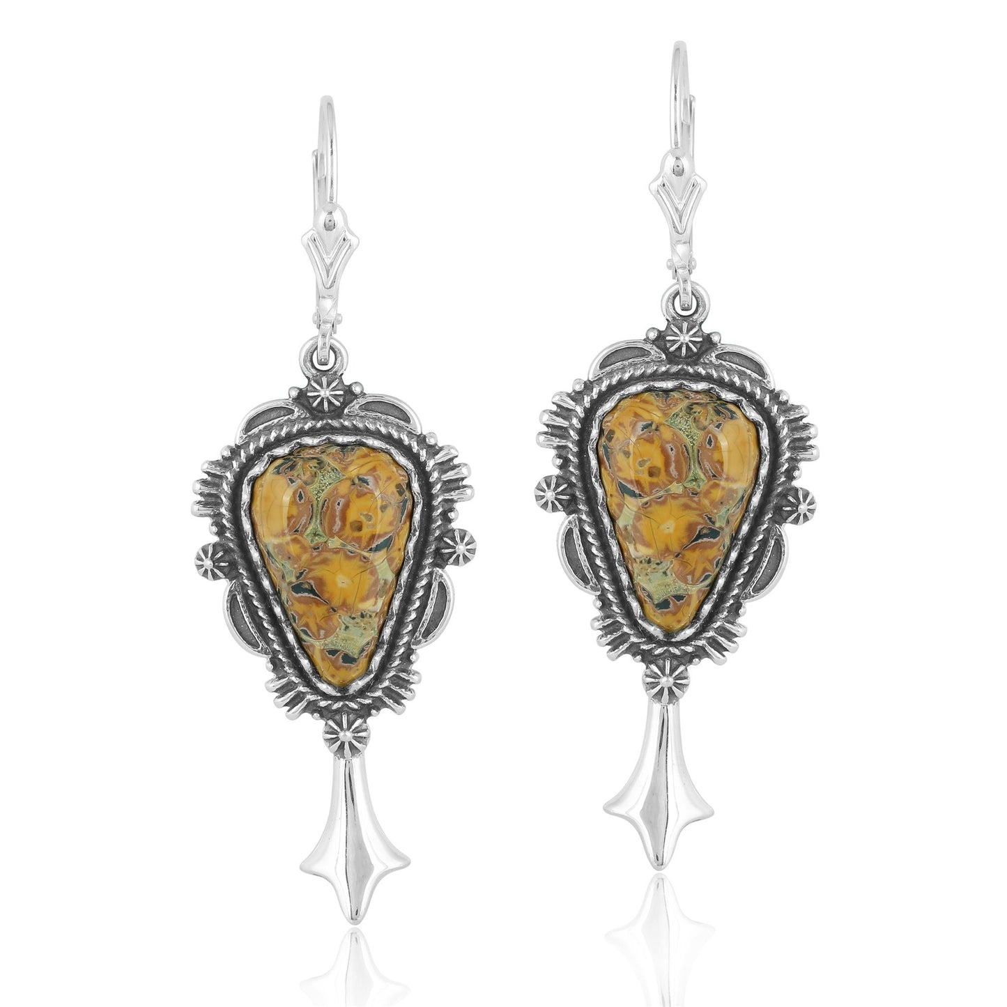 Sterling Silver Leopard Jasper Pear Cut Squash Blossom Earrings