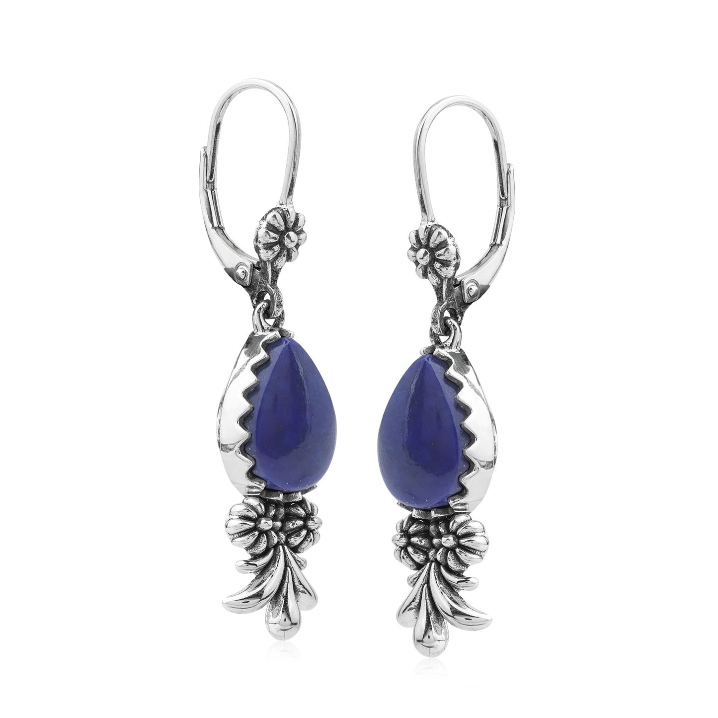 Sterling Silver Lapis Teardrop Concha Squash Blossom Dangle Earrings