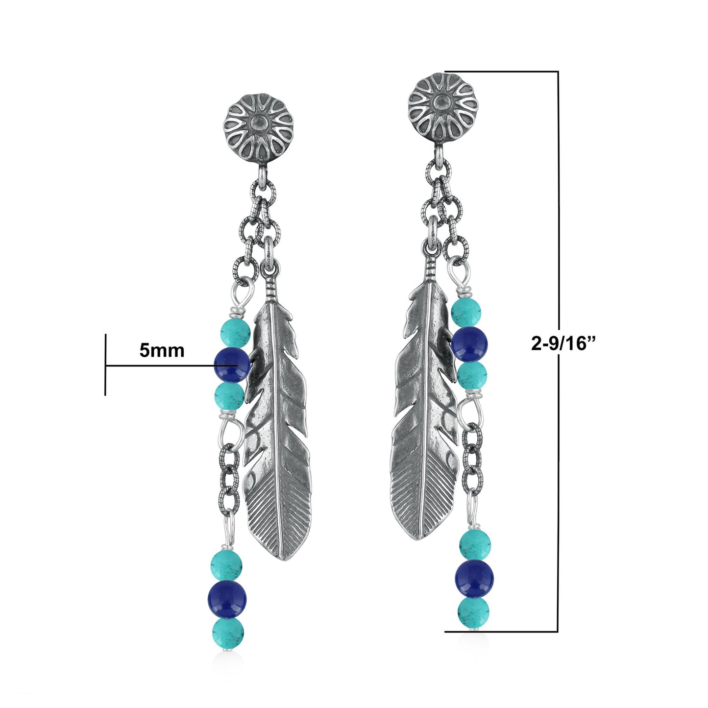 EXCLUSIVELY OURS! Sterling Silver Lapis and Kingman Turquoise Feather Design Dangle Earrings