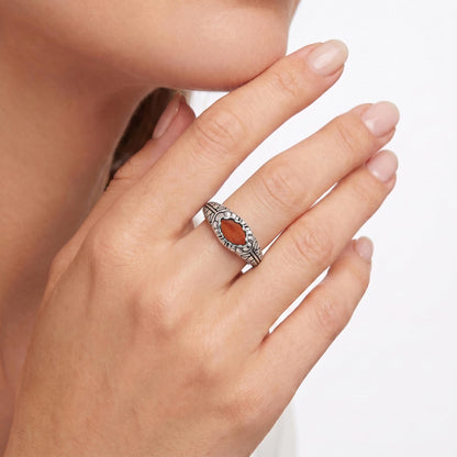 Sterling Silver Orange Spiny Oyster Marquise Gemstone Etched Ring, Sizes 5 to 11